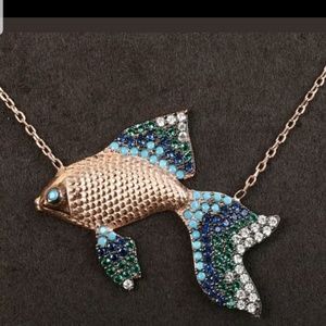 Sapphire Turquoise emerald & topaz rose gold fish necklace